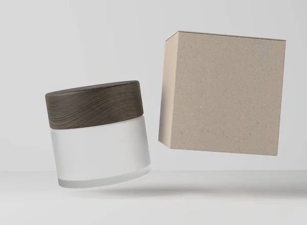 Kosmetyczny Słoik Szkła Kremowego Drewnianą Pokrywą Pudełkiem Papierowym Opakowanie Produktu — Zdjęcie stockowe