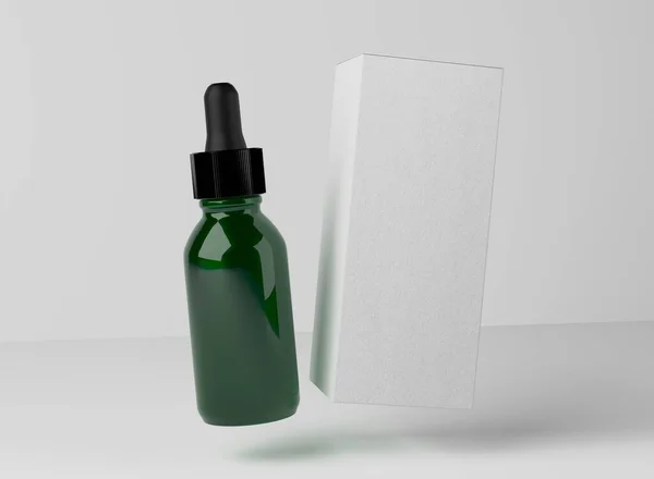 Face Oil Serum Green Glass Bottle Design Ready Dropplet Box — Stockfoto