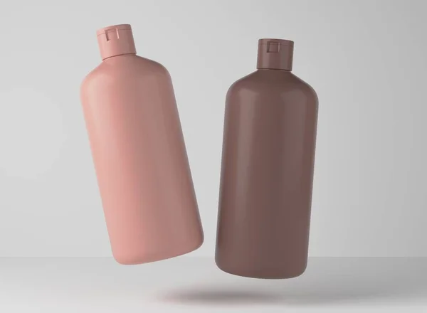 Две Коричневые Бежевые Пластиковые Бутылки Шампуня Плавающие Фоне Студии Рендеринг — стоковое фото