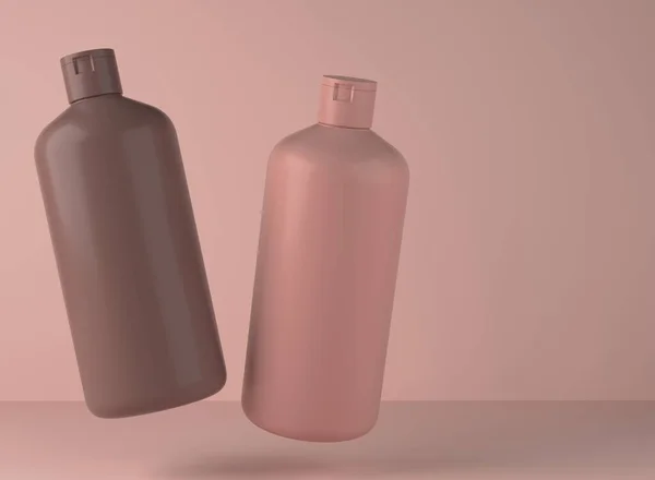 Two Brown Beige Plastic Shampoo Bottles Floating Studio Background Render — Stock fotografie