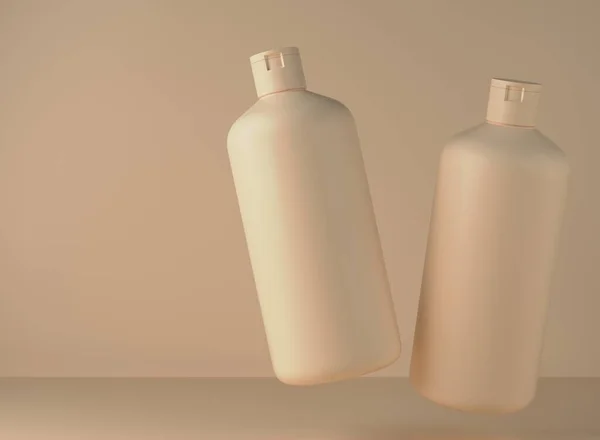 Dvě Béžové Plastové Šampon Láhve Plovoucí Pozadí Ateliéru Vykreslení Kosmetického — Stock fotografie
