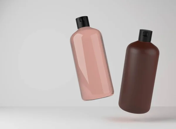 Two Beige Brown Plastic Shampoo Bottles Floating Studio Background Render — Stockfoto