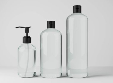 Different transparent glass bottles for hair and body care products 3D render, set of cosmetic containers on gray studio background, packaging mockup for branding and design