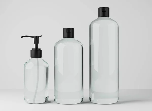 Different Transparent Glass Bottles Hair Body Care Products Render Set — 스톡 사진