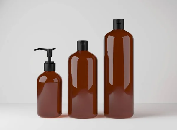 Different Brown Glass Bottles Hair Body Care Products Render Set — Stock fotografie