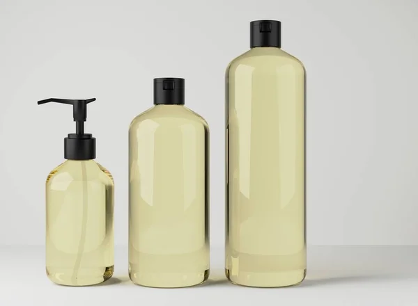 Different Color Glass Bottles Hair Body Care Products Render Set — 스톡 사진