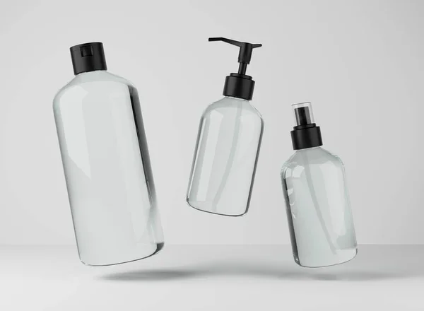 Three Different Transparent Glass Bottles Hair Body Care Products Render — Fotografia de Stock