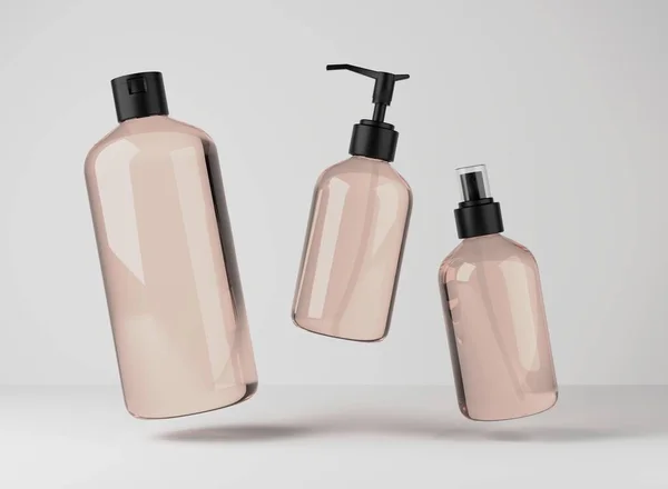 Three Different Beige Glass Bottles Hair Body Care Products Render — Stock fotografie