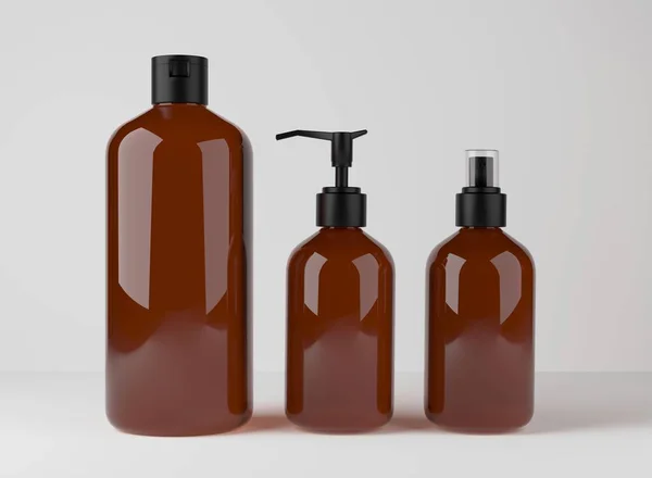 Different Brown Glass Bottles Hair Body Care Products Render Set — 스톡 사진