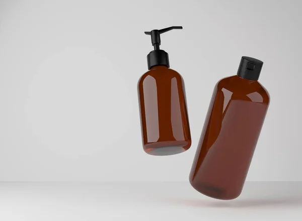 Two Brown Glass Bottles Shower Gel Liquid Soap Floating Studio — Fotografia de Stock