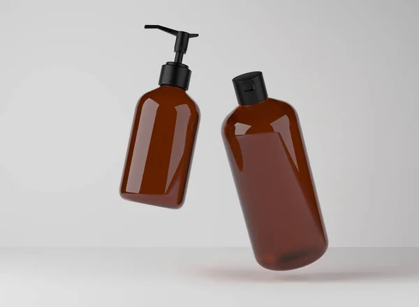 Two Brown Glass Bottles Shower Gel Liquid Soap Floating Studio — 스톡 사진