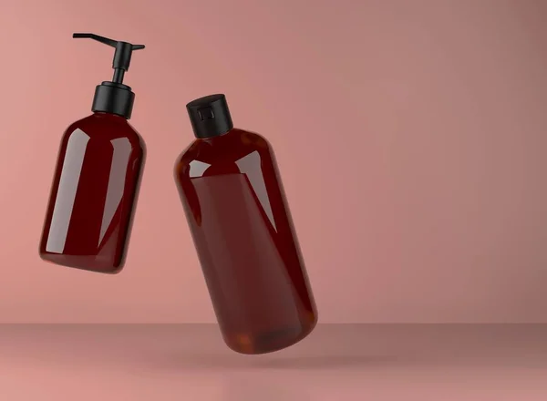 Two Brown Glass Bottles Shower Gel Liquid Soap Floating Studio — 스톡 사진