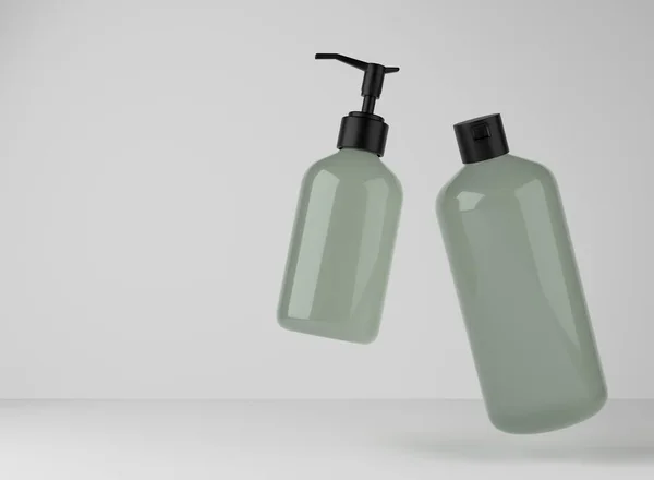 Two Green Plastic Bottles Shower Gel Liquid Soap Floating Studio — Stock fotografie