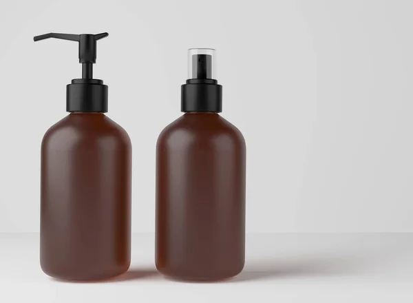 Different Amber Glass Bottles Hair Body Care Products Render Set — Stock fotografie