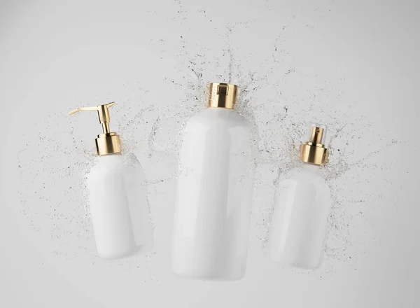 Three Different White Cosmetic Bottles Water Splash Gray Background Render — Photo