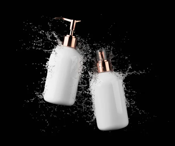 Two Different White Cosmetic Bottles Water Splash Isolated Black Background — Photo