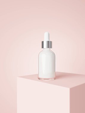 Cosmetic serum dropper bottle on podium with pastel pink background 3D render, care product packaging and branding mockup