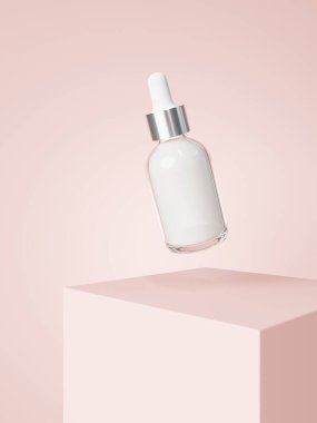 Cosmetic serum dropper bottle on podium with pastel pink background 3D render, care product packaging and branding mockup