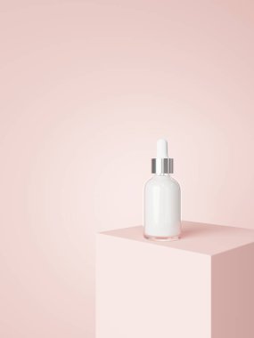 Cosmetic serum dropper bottle on podium with pastel pink background 3D render, care product packaging and branding mockup