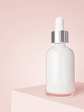 Cosmetic serum dropper bottle on podium with pastel pink background 3D render, care product packaging and branding mockup