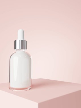 Cosmetic serum dropper bottle on podium with pastel pink background 3D render, care product packaging and branding mockup