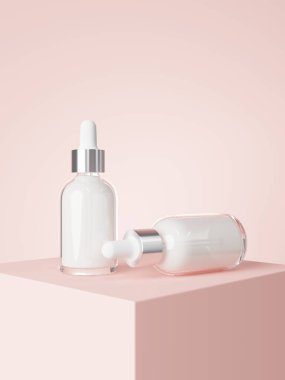 Cosmetic serum dropper bottles on podium with pastel pink background 3D render, care product packaging and branding mockup
