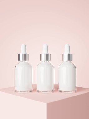 Cosmetic serum dropper bottles on podium with pastel pink background 3D render, care product packaging and branding mockup