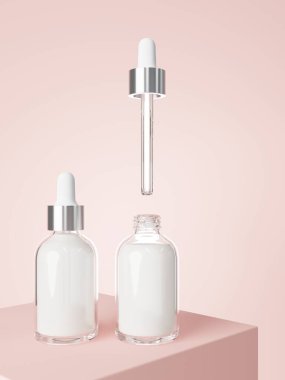 Cosmetic serum dropper bottles on podium with pastel pink background 3D render, care product packaging and branding mockup