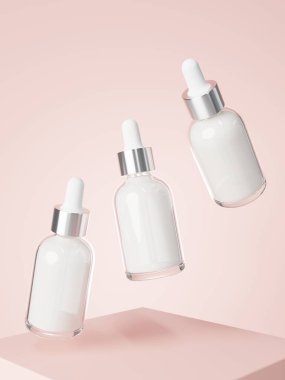 Cosmetic serum dropper bottles floating on podium with pastel pink background 3D render, care product packaging and branding mockup
