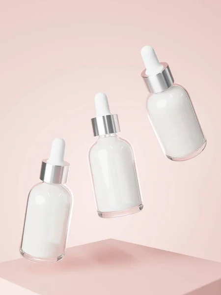 Cosmetic Serum Dropper Bottles Floating Podium Pastel Pink Background Render — Stock Fotó