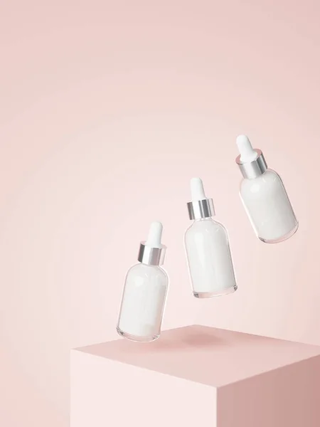 Cosmetic serum dropper bottles floating on podium with pastel pink background 3D render, care product packaging and branding mockup