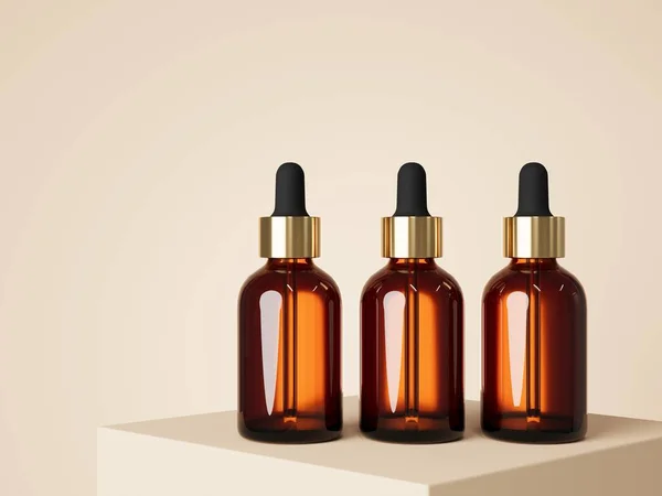 Three Cosmetic Serum Dropper Brown Glass Bottle Podium Beige Background —  Fotos de Stock