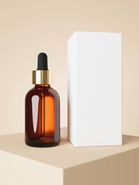Cosmetic serum dropper brown glass bottle and white box on podium with beige background 3D render, care product packaging and branding visualization mockup