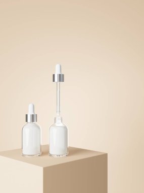 Cosmetic serum dropper bottles on podium with pastel beige background 3D render, care product packaging and branding mockup