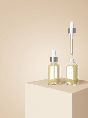 Cosmetic serum dropper bottles on podium with pastel beige background 3D render, care product packaging and branding mockup