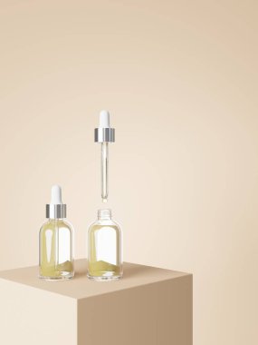 Cosmetic serum dropper bottles on podium with pastel beige background 3D render, care product packaging and branding mockup