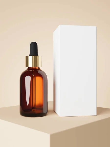 Cosmetic Serum Dropper Brown Glass Bottle White Box Podium Beige — Zdjęcie stockowe