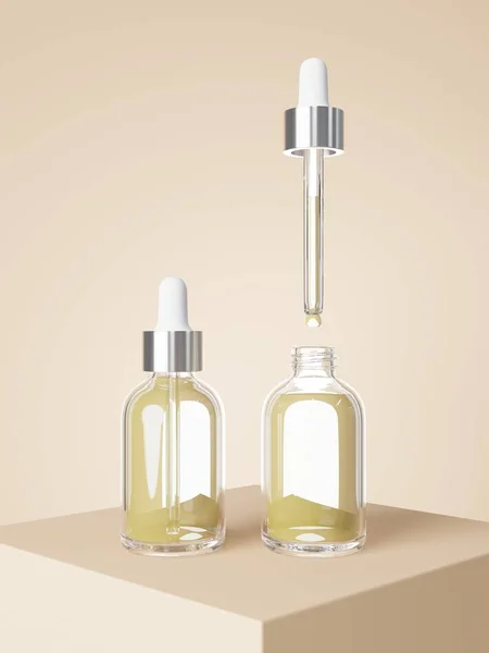 Cosmetic Serum Dropper Bottles Podium Pastel Beige Background Render Care — ストック写真