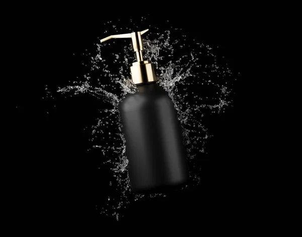 Cosmetic Bottle Water Splash Isolated Black Background Render Hair Bory — 스톡 사진
