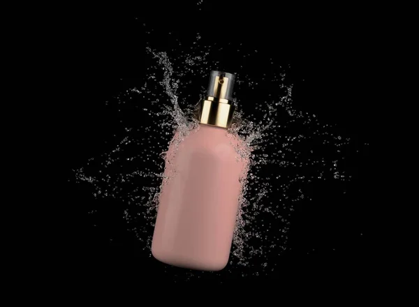 Cosmetic Beige Bottle Water Splash Isolated Black Background Render Hair — Stock Fotó