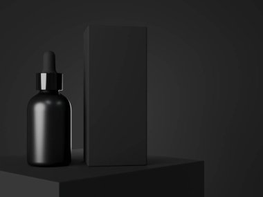Black cosmetic dropper bottle and box mockup, facial serum packaging and branding visualization, care product design ready template