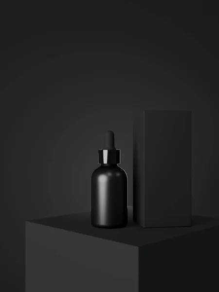 Black Cosmetic Dropper Bottle Box Mockup Facial Serum Packaging Branding — Photo