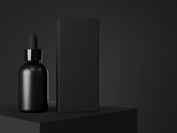 Black Cosmetic Dropper Bottle Box Mockup Facial Serum Packaging Branding — Stock Photo, Image