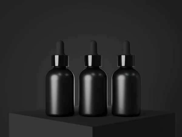 Black Cosmetic Dropper Bottle Mockup Facial Serum Packaging Branding Visualization — 스톡 사진