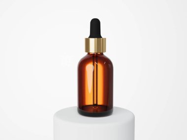 Cosmetic serum dropper brown glass bottle 3D render, care product packaging for design and branding mockup