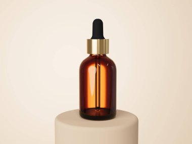 Cosmetic serum dropper brown glass bottle 3D render, care product packaging for design and branding mockup