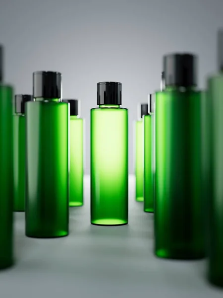 Empty green plastic bottle 3D render, group of cosmetic containers, shampoo and toner packaging commercial mock-up