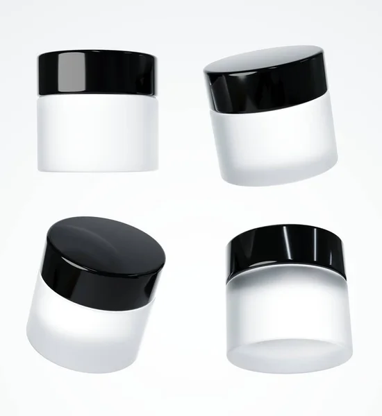 Four Different Views Frosted Glass Cream Jar Black Cap Render — Stock Photo, Image