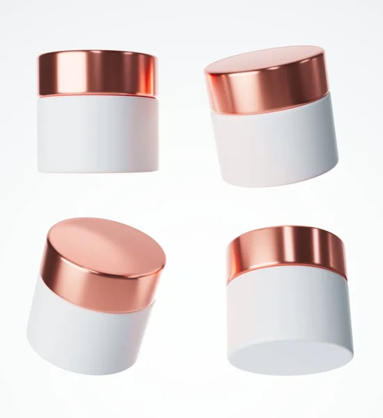 Four Different Views Matt White Plastic Cream Jar Rose Gold — Stock Photo, Image