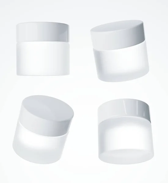 有塑料帽的玻璃瓶的四种不同的观点 3D将化妆品包装与白色背景隔离 设计和品牌现成的模型 — 图库照片